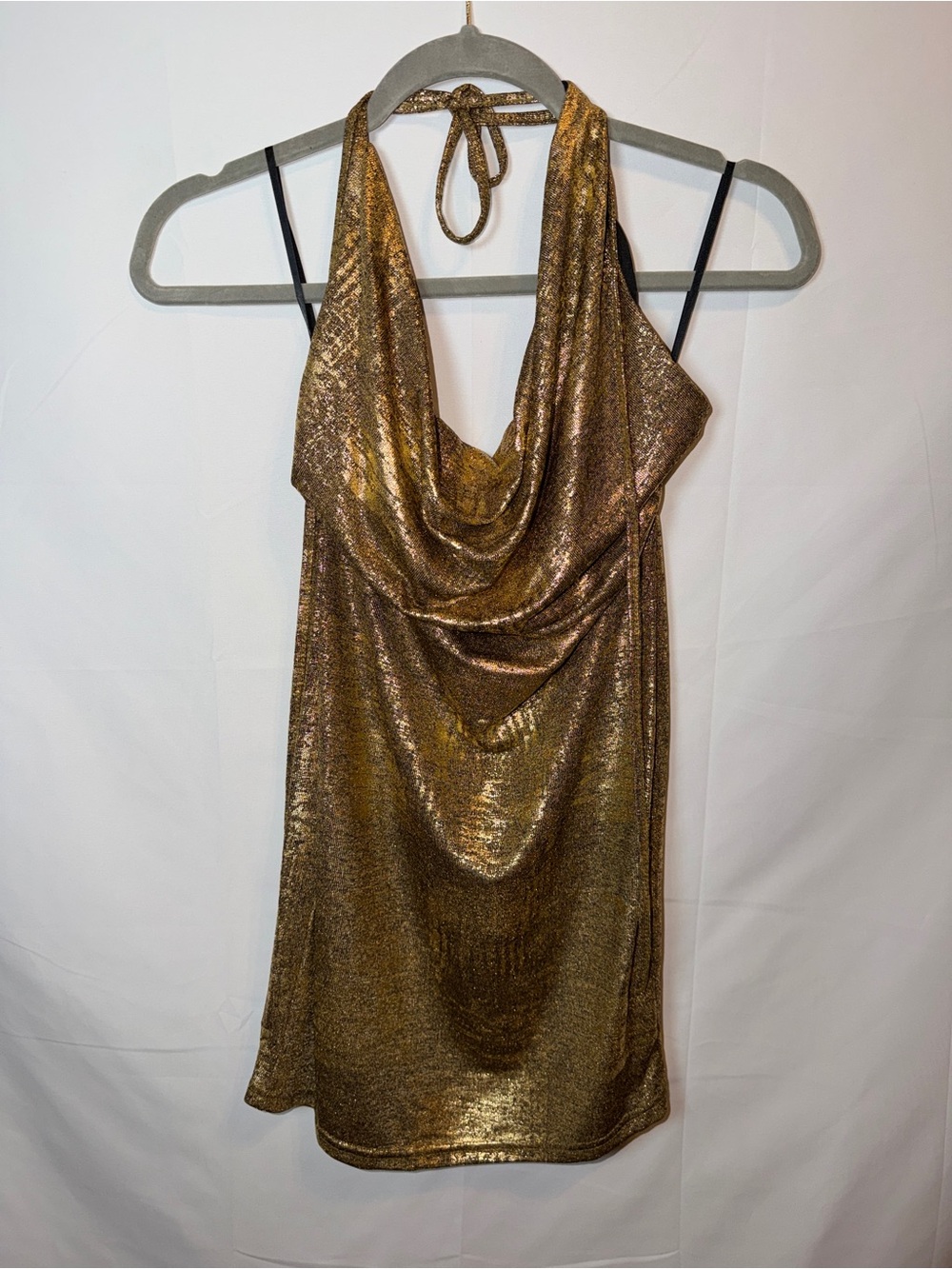 Metallic Gold Halter Cowl Neck Mini Dress